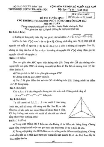 Đề thi tuyển sinh vào trường Trung học phổ thông chuyên năm 2022 môn Toán - Trường Đại học sư phạm hà Nội (Có đáp án)