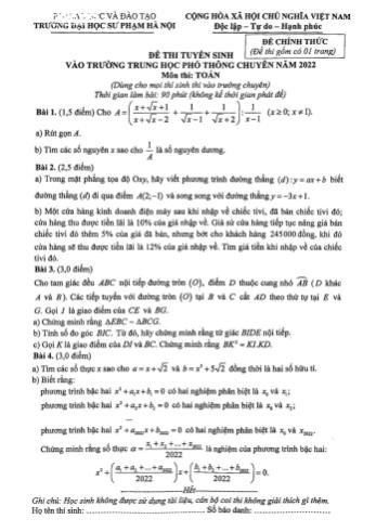 Đề thi tuyển sinh vào trường trung học phổ thông chuyên năm 2022 môn Toán (Chung) - Trường Đại học sư phạm Hà Nội (Có đáp án)
