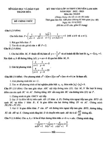 Đề thi vào Lớp 10 THPT chuyên Lam Sơn năm học 2022-2023 môn Toán (Chung) - SGD&ĐT tỉnh Thanh Hóa
