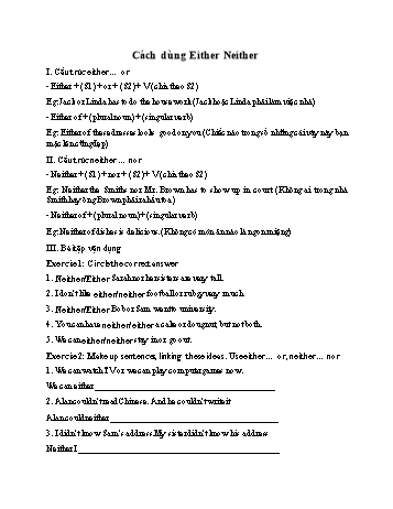 Bài tập ôn thi vào 10 môn Tiếng Anh - Cách dùng Either, neither (Có đáp án)