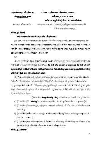 Bộ đề thi tuyển sinh vào Lớp 10 THPT môn Ngữ văn - Năm học 2022-2023 (Có đáp án)