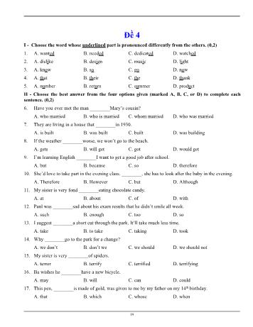 Đề luyện thi vào Lớp 10 môn Tiếng Anh - Đề 4 (Có đáp án)