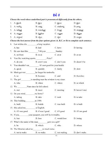Đề luyện thi vào Lớp 10 môn Tiếng Anh - Đề 8 (Có đáp án)