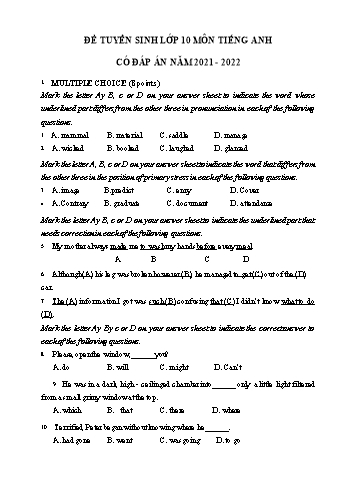 Đề thi thử tuyển sinh Lớp 10 môn Tiếng Anh - Năm học 2021-2022 (Có đáp án)
