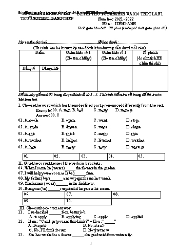 Đề thi thử tuyển sinh vào Lớp 10 môn Tiếng Anh (Lần 1) - Năm học 2021-2022 - Trường THPT Gang Thép