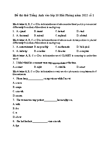 Đề thi thử vào Lớp 10 môn Tiếng Anh - Đề 1 - Năm học 2022-2023 - Sở GD&ĐT Hải Phòng (Có đáp án)