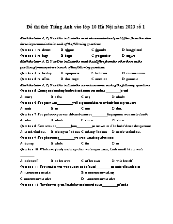 Đề thi thử vào Lớp 10 môn Tiếng Anh - Đề 1 - Năm học 2022-2023 - Sở GD&ĐT Hà Nội (Có đáp án)