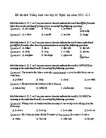 Đề thi thử vào Lớp 10 môn Tiếng Anh - Đề 1 - Năm học 2022-2023 - Sở GD&ĐT Nghệ An (Có đáp án)