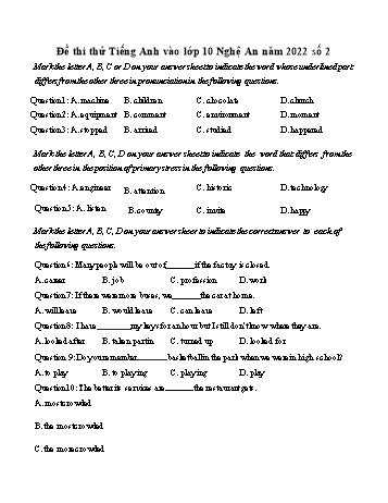 Đề thi thử vào Lớp 10 môn Tiếng Anh - Đề 2 - Năm học 2022-2023 - Sở GD&ĐT Nghệ An (Có đáp án)