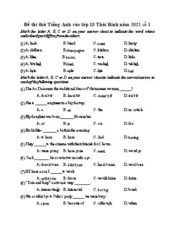 Đề thi thử vào Lớp 10 môn Tiếng Anh - Đề số 1 - Năm học 2022-2023 - Sở GD&ĐT Thái Bình