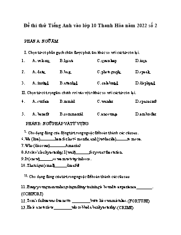 Đề thi thử vào Lớp 10 môn Tiếng Anh - Đề số 2 - Năm học 2022-2023 - Sở GD&ĐT Thanh Hóa (Có đáp án)