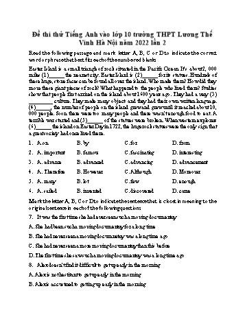 Đề thi thử vào Lớp 10 môn Tiếng Anh (Lần 2) - Năm học 2022-2023 - Trường THPT Lương Thế Vinh (Có đáp án)