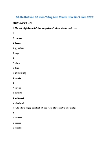 Đề thi thử vào Lớp 10 môn Tiếng Anh - Năm học 2022-2023 - Sở GD&ĐT Thanh Hóa (Có đáp án)