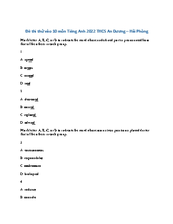 Đề thi thử vào Lớp 10 môn Tiếng Anh - Năm học 2022-2023 - Trường THCS An Dương (Có đáp án)