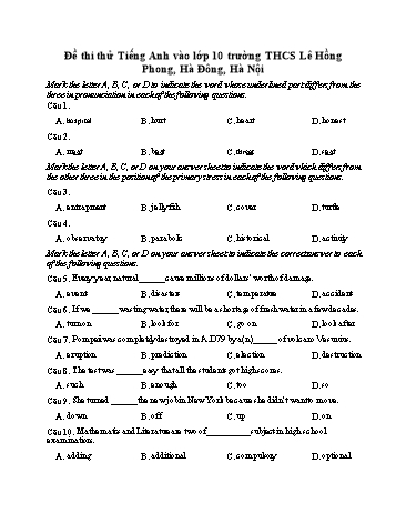 Đề thi thử vào Lớp 10 môn Tiếng Anh - Trường THCS Lê Hồng Phong (Có đáp án)