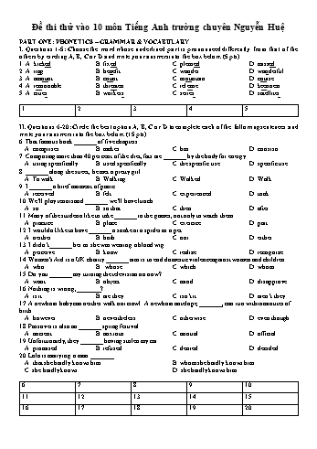 Đề thi thử vào Lớp 10 môn Tiếng Anh - Trường THPT chuyên Nguyễn Huệ (Có đáp án)