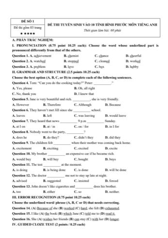 Đề thi tuyển sinh vào Lớp 10 môn Tiếng Anh - Đề số 1 - Sở GD&ĐT Bình Phước (Có đáp án chi tiết)