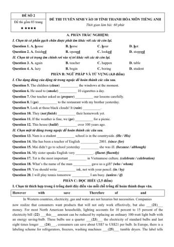 Đề thi tuyển sinh vào Lớp 10 môn Tiếng Anh - Đề số 2 - Sở GD&ĐT Thanh Hóa (Có đáp án chi tiết)