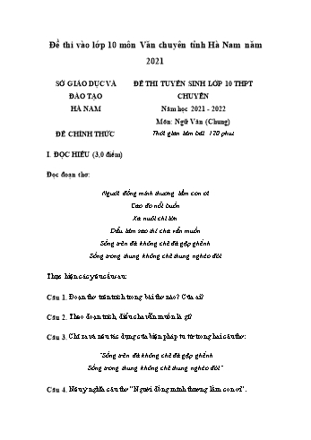 Đề thi tuyển sinh vào Lớp 10 THPT chuyên môn Ngữ văn - Năm học 2021-2022 - Sở GD&ĐT Hà Nam (Có đáp án)