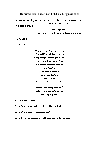 Đề thi tuyển sinh vào Lớp 10 THPT môn Ngữ văn - Năm học 2021-2022 - Sở GD&ĐT Cao Bằng (Có đáp án)