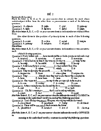 Đề thi tuyển sinh vào Lớp 10 THPT môn Tiếng Anh - Đề 2 (Có hướng dẫn chấm)
