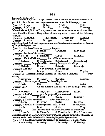 Đề thi tuyển sinh vào Lớp 10 THPT môn Tiếng Anh - Đề 4 (Có hướng dẫn chấm)