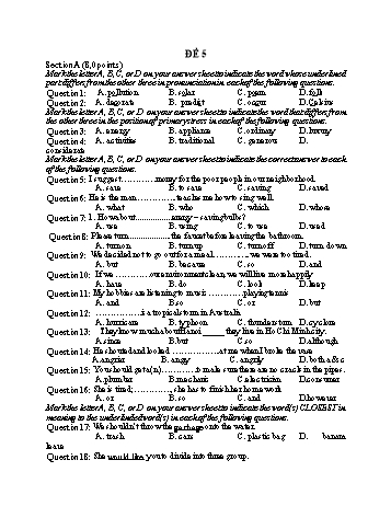 Đề thi tuyển sinh vào Lớp 10 THPT môn Tiếng Anh - Đề 5 (Có hướng dẫn chấm)