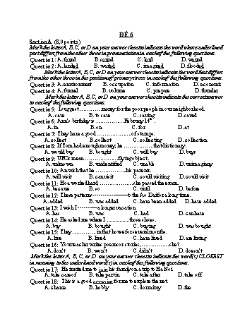 Đề thi tuyển sinh vào Lớp 10 THPT môn Tiếng Anh - Đề 6 (Có hướng dẫn chấm)