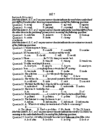 Đề thi tuyển sinh vào Lớp 10 THPT môn Tiếng Anh - Đề 7 (Có hướng dẫn chấm)