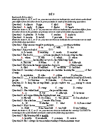 Đề thi tuyển sinh vào Lớp 10 THPT môn Tiếng Anh - Đề 9 (Có hướng dẫn chấm)