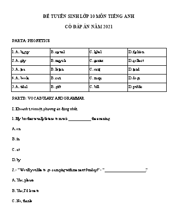 Đề thi tuyển sinh vào Lớp 10 THPT môn Tiếng Anh - Năm học 2021-2022 (Có đáp án)