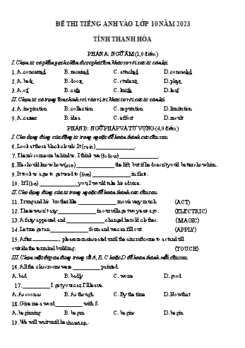Đề thi vào Lớp 10 môn Tiếng Anh - Đề 1 - Năm học 2023-2024 - Sở GD&ĐT Thanh Hóa