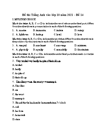 Đề thi vào Lớp 10 môn Tiếng Anh - Đề 14 - Năm học 2021-2022 (Có đáp án)