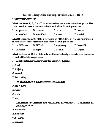 Đề thi vào Lớp 10 môn Tiếng Anh - Đề 2 - Năm học 2021-2022 (Có đáp án)