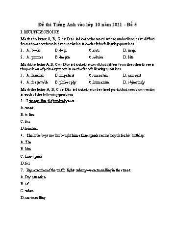 Đề thi vào Lớp 10 môn Tiếng Anh - Đề 5 - Năm học 2021-2022 (Có đáp án)