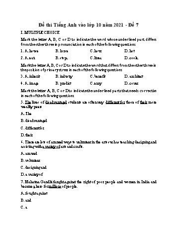 Đề thi vào Lớp 10 môn Tiếng Anh - Đề 7 - Năm học 2021-2022 (Có đáp án)
