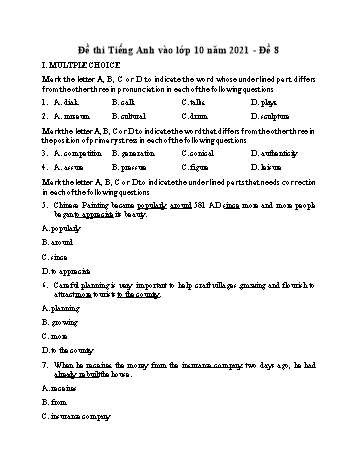 Đề thi vào Lớp 10 môn Tiếng Anh - Đề 8 - Năm học 2021-2022 (Có đáp án)