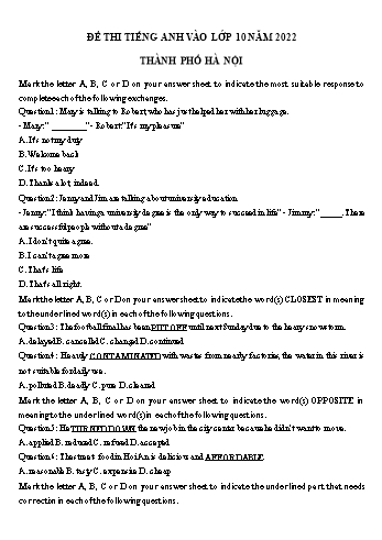 Đề thi vào Lớp 10 môn Tiếng Anh - Đề số 1 - Năm học 2022-2023 - Sở GD&ĐT Hà Nội