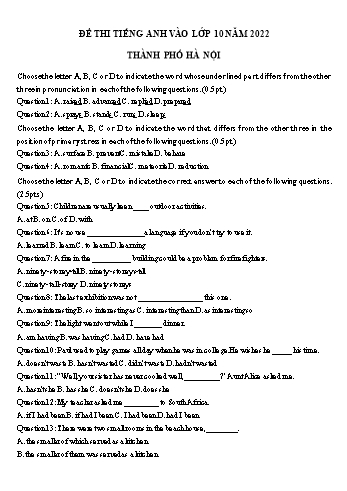 Đề thi vào Lớp 10 môn Tiếng Anh - Đề số 2 - Năm học 2022-2023 - Sở GD&ĐT Hà Nội