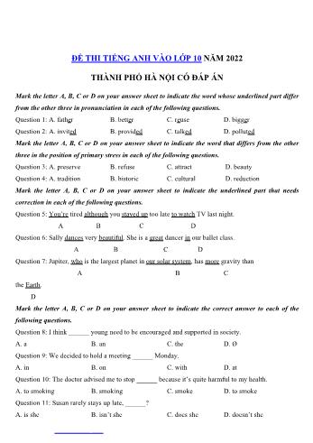 Đề thi vào Lớp 10 môn Tiếng Anh - Đề số 3 - Năm học 2022-2023 - Sở GD&ĐT Hà Nội (Có đáp án)