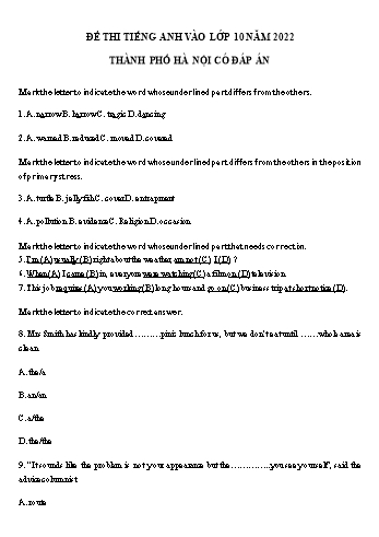 Đề thi vào Lớp 10 môn Tiếng Anh - Đề số 4 - Năm học 2022-2023 - Sở GD&ĐT Hà Nội (Có đáp án)