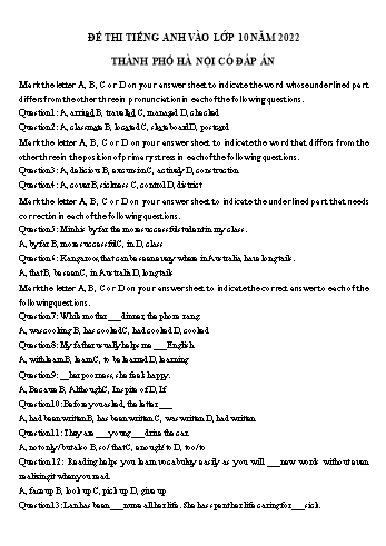 Đề thi vào Lớp 10 môn Tiếng Anh - Đề số 5 - Năm học 2022-2023 - Sở GD&ĐT Hà Nội (Có đáp án)