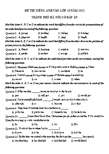 Đề thi vào Lớp 10 môn Tiếng Anh - Đề số 6 - Năm học 2022-2023 - Sở GD&ĐT Hà Nội