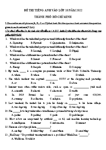 Đề thi vào Lớp 10 môn Tiếng Anh - Năm học 2022-2023 - Sở GD&ĐT Hồ Chí Minh