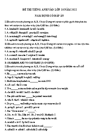 Đề thi vào Lớp 10 môn Tiếng Anh - Năm học 2022-2023 - Sở GD&ĐT Nam Định (Có đáp án)