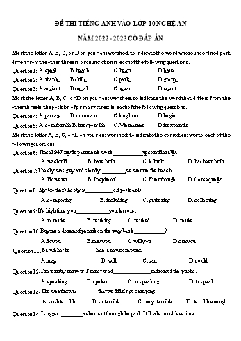 Đề thi vào Lớp 10 môn Tiếng Anh - Năm học 2022-2023 - Sở GD&ĐT Nghệ An (Có đáp án)
