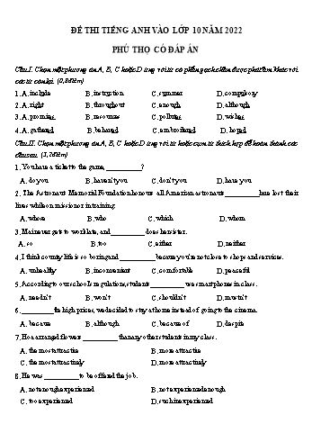 Đề thi vào Lớp 10 môn Tiếng Anh - Năm học 2022-2023 - Sở GD&ĐT Phú Thọ (Có đáp án)