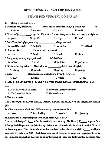 Đề thi vào Lớp 10 môn Tiếng Anh - Năm học 2022-2023 - Sở GD&ĐT Vũng Tàu (Có đáp án)