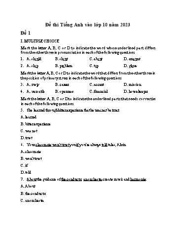 Đề thi vào Lớp 10 môn Tiếng Anh - Năm học 2023-2024 (Có đáp án)