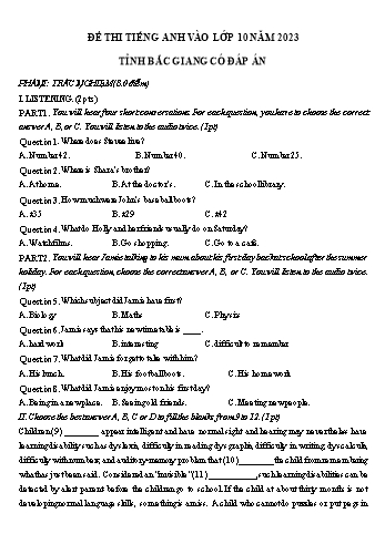 Đề thi vào Lớp 10 môn Tiếng Anh - Năm học 2023-2024 - Sở GD&ĐT Bắc Giang (Có đáp án)
